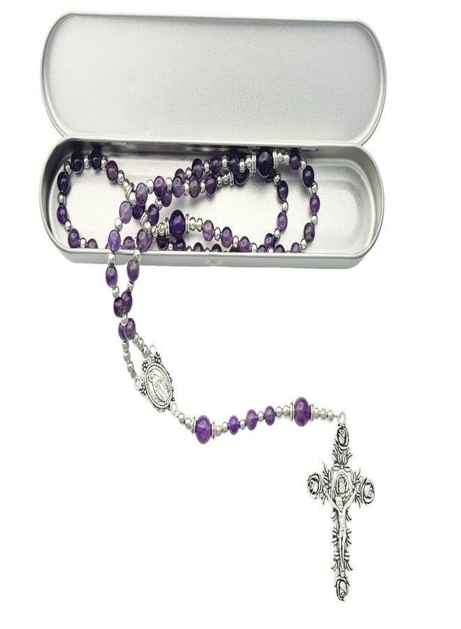 Intercession Amethyst Rose Catholic Rosary - Handcrafted Healing Purple Gemstone Prayer Beads with Silver Crucifix - Image 3